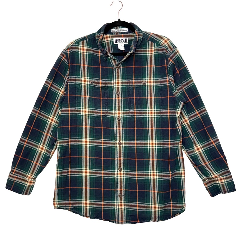 Duluth Trading M Free Swingin Flannel Shirt Green Rustic Plaid Camp Hike Outdoor